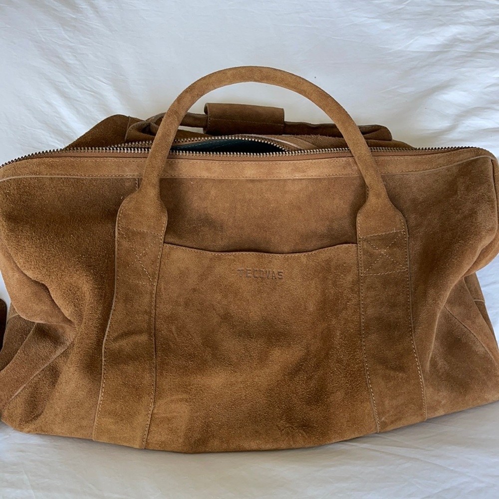New Tecovas camel genuine suede weekender bag